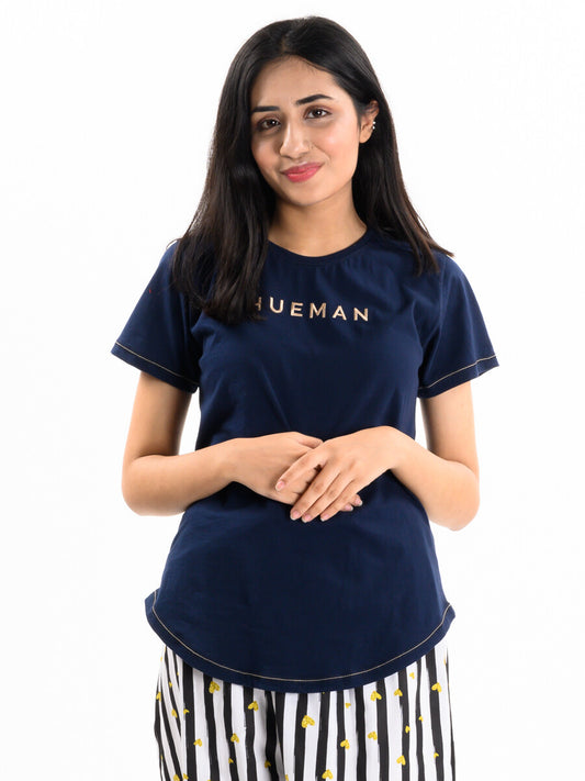 Women Navy Blue Round Bottom T-Shirt