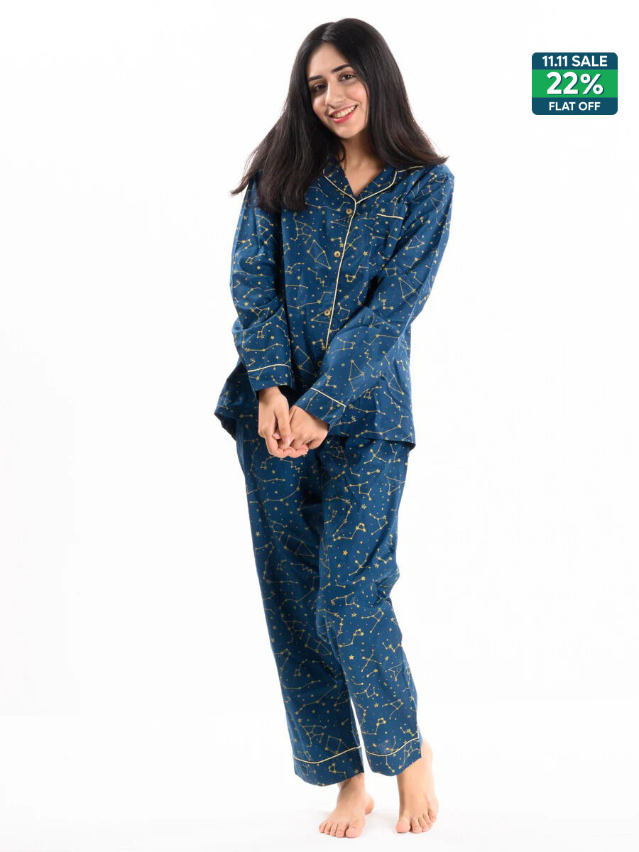 Blue & Yellow Cotton Relaxed Sleeping Suit