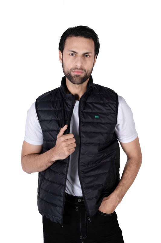 Men Black Quilted Short Body Slim-Fit Gilet Puffer Jacket