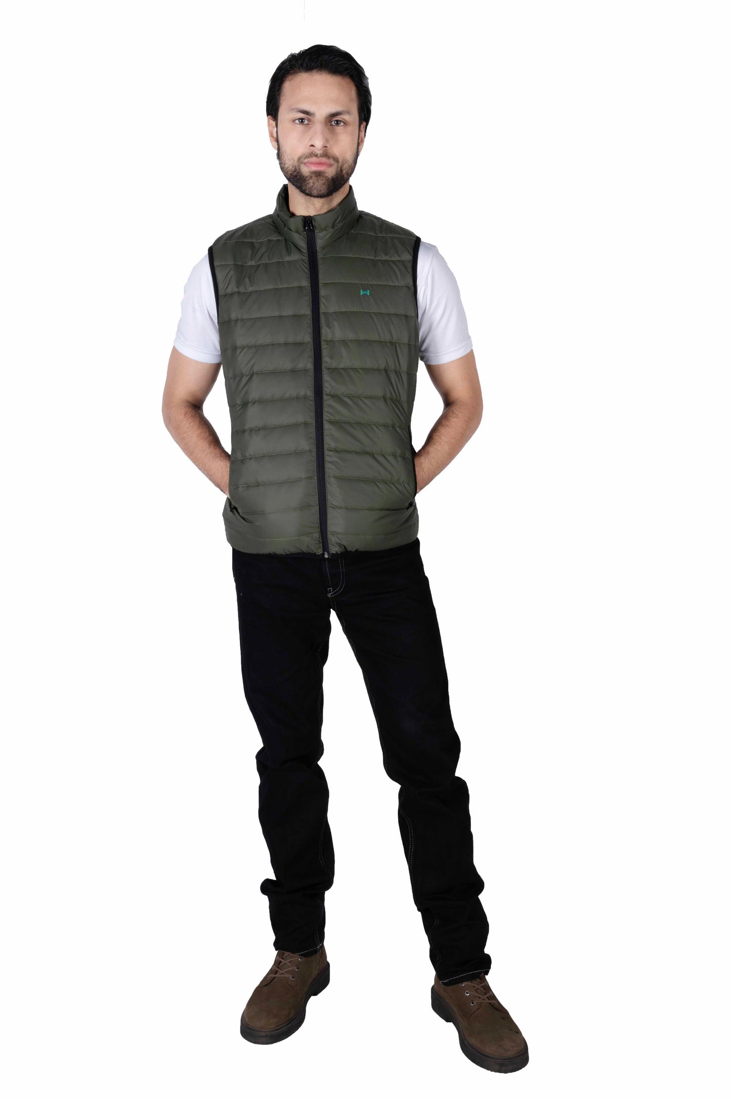 Men Olive Quilted Short Body Slim-Fit Gilet Puffer Jacket
