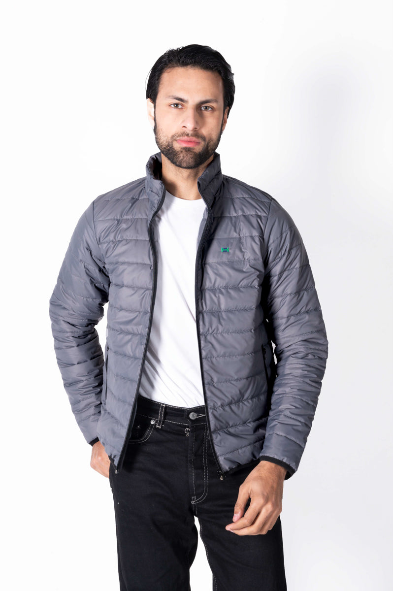 Men Grey Short Body Slim-Fit Full-Sleeves Puffer Jacket