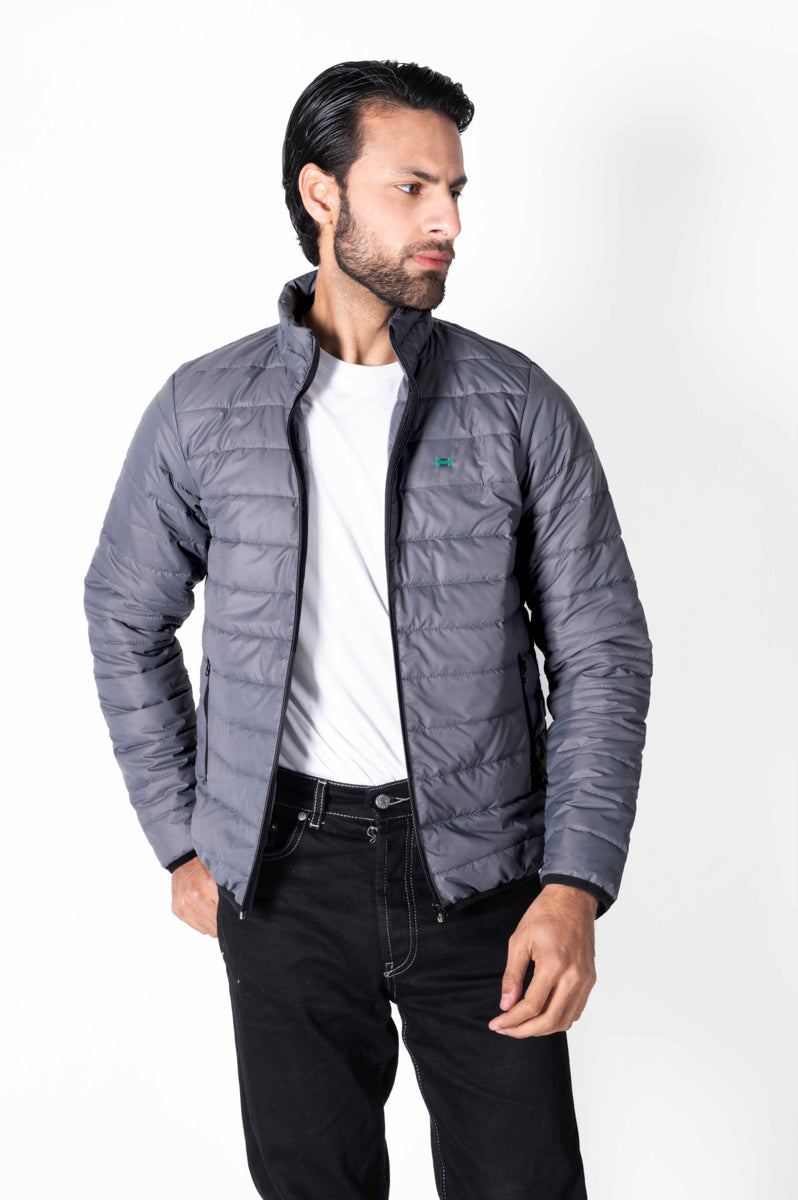 Men Grey Short Body Slim-Fit Full-Sleeves Puffer Jacket