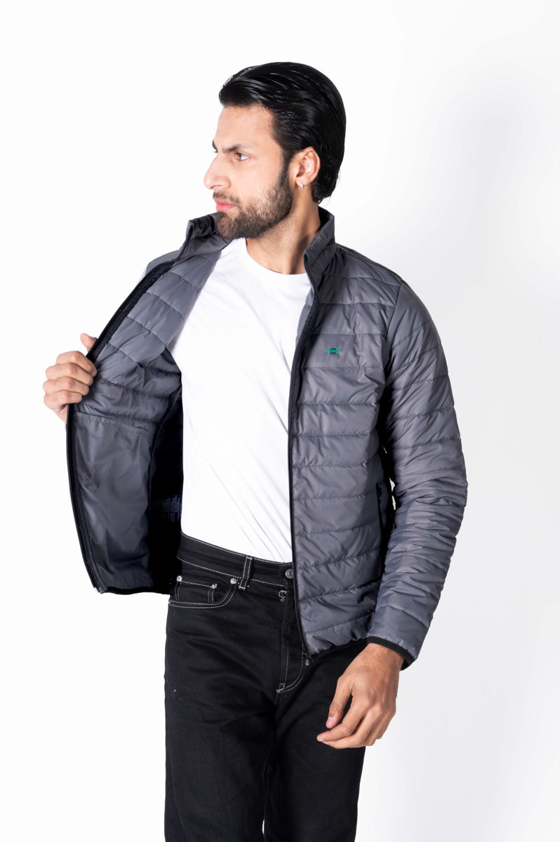 Men Grey Short Body Slim-Fit Full-Sleeves Puffer Jacket