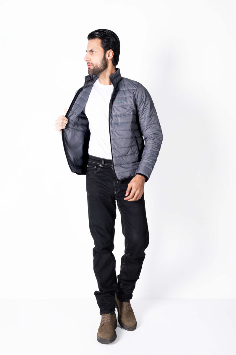 Men Grey Short Body Slim-Fit Full-Sleeves Puffer Jacket