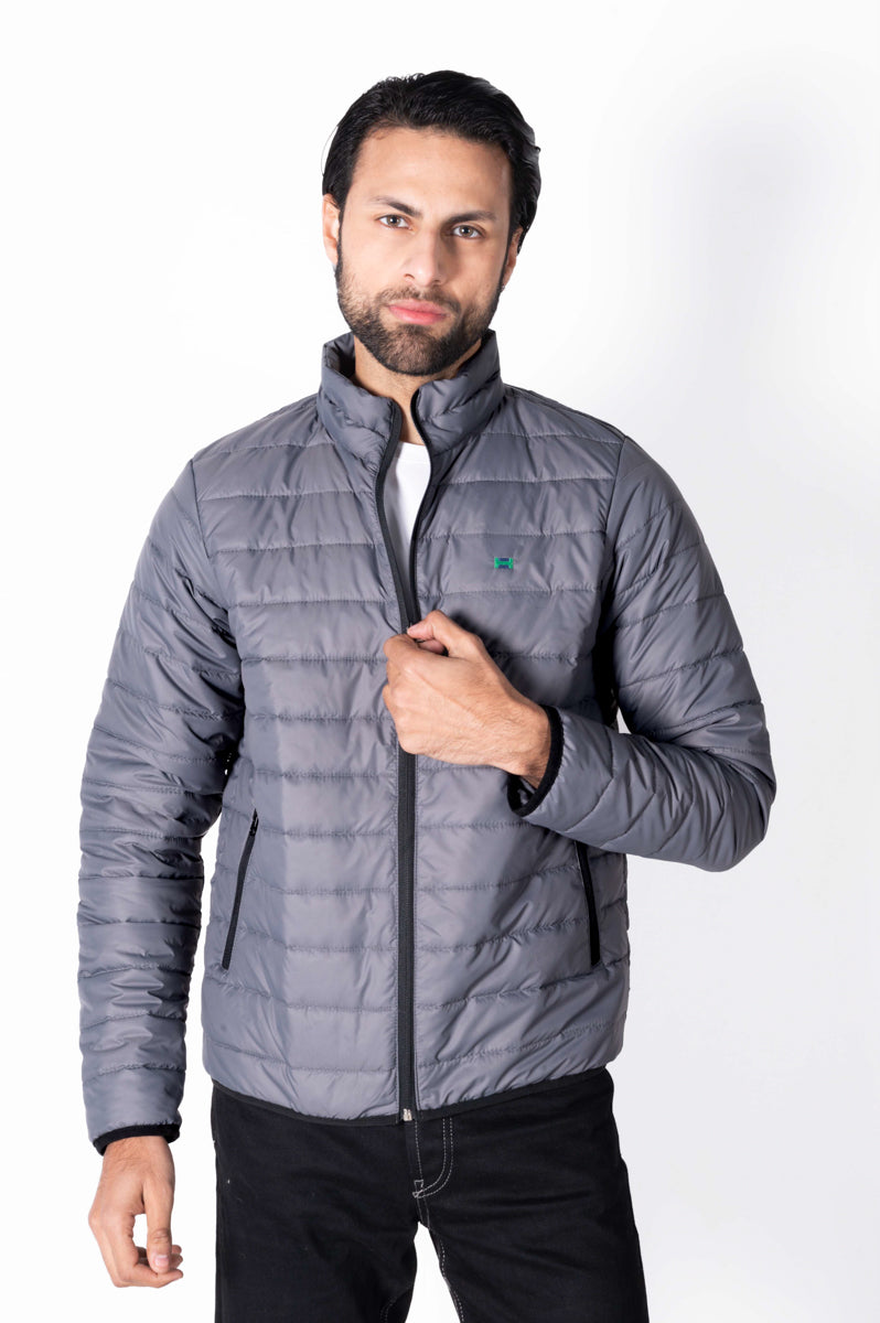 Men Grey Short Body Slim-Fit Full-Sleeves Puffer Jacket