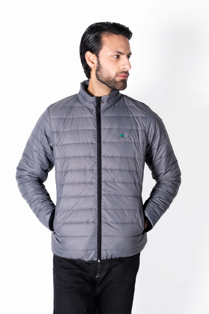 Men Grey Short Body Slim-Fit Full-Sleeves Puffer Jacket