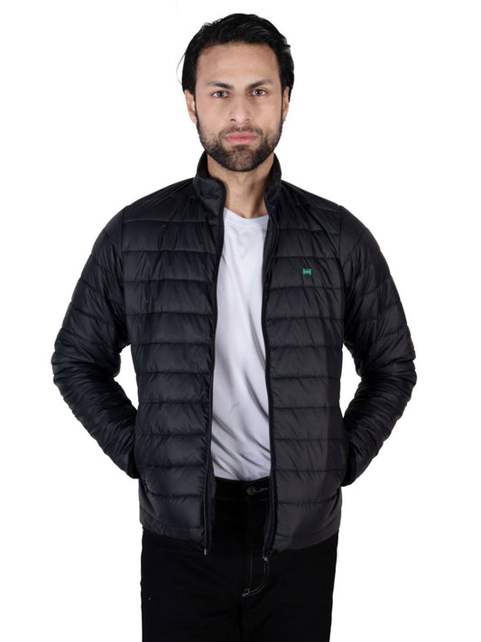 Men Black Short Body Slim-Fit Full-Sleeves Puffer Jacket