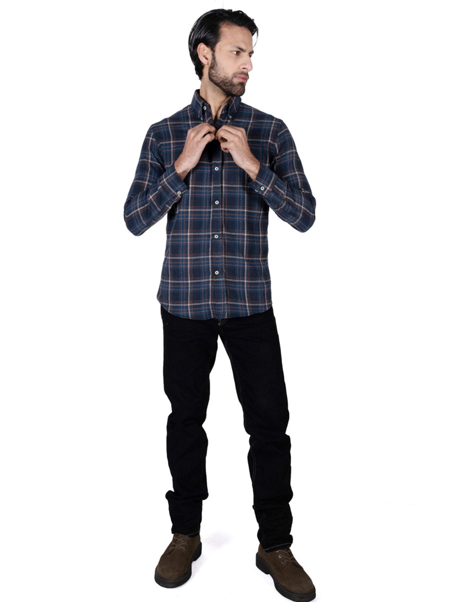 Men Blue Plaid Flannel Button Down Shirt
