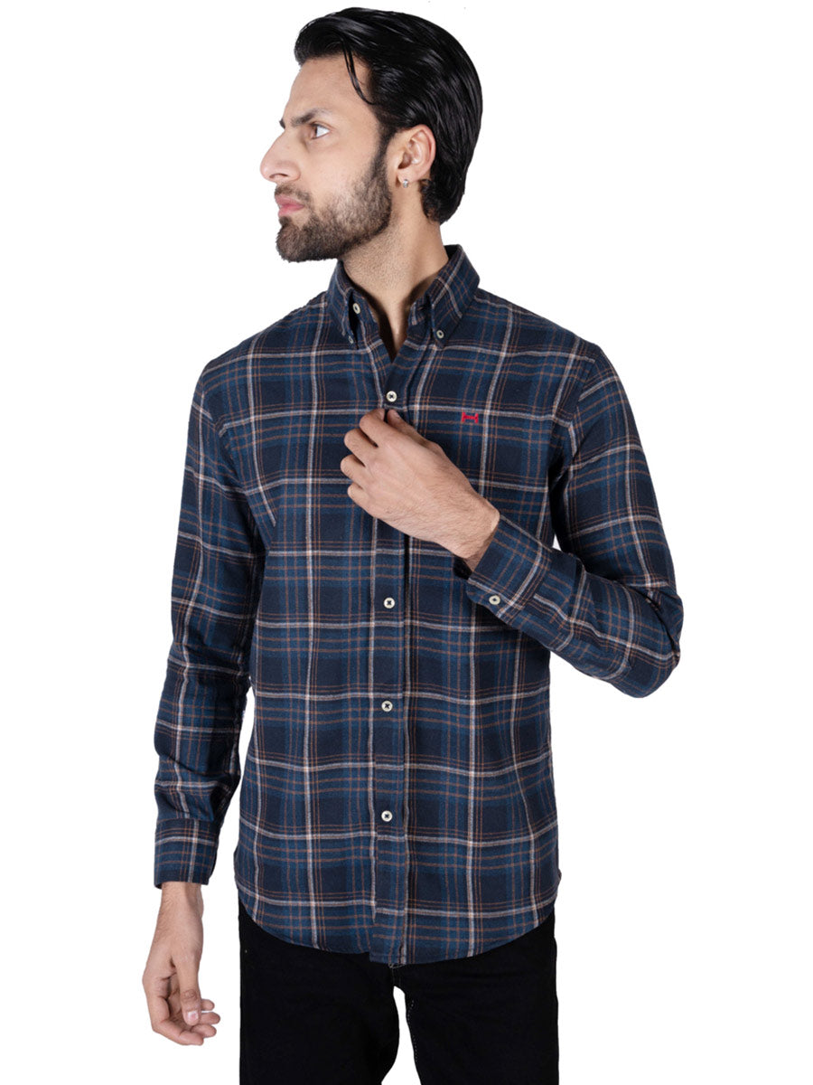 Men Blue Plaid Flannel Button Down Shirt