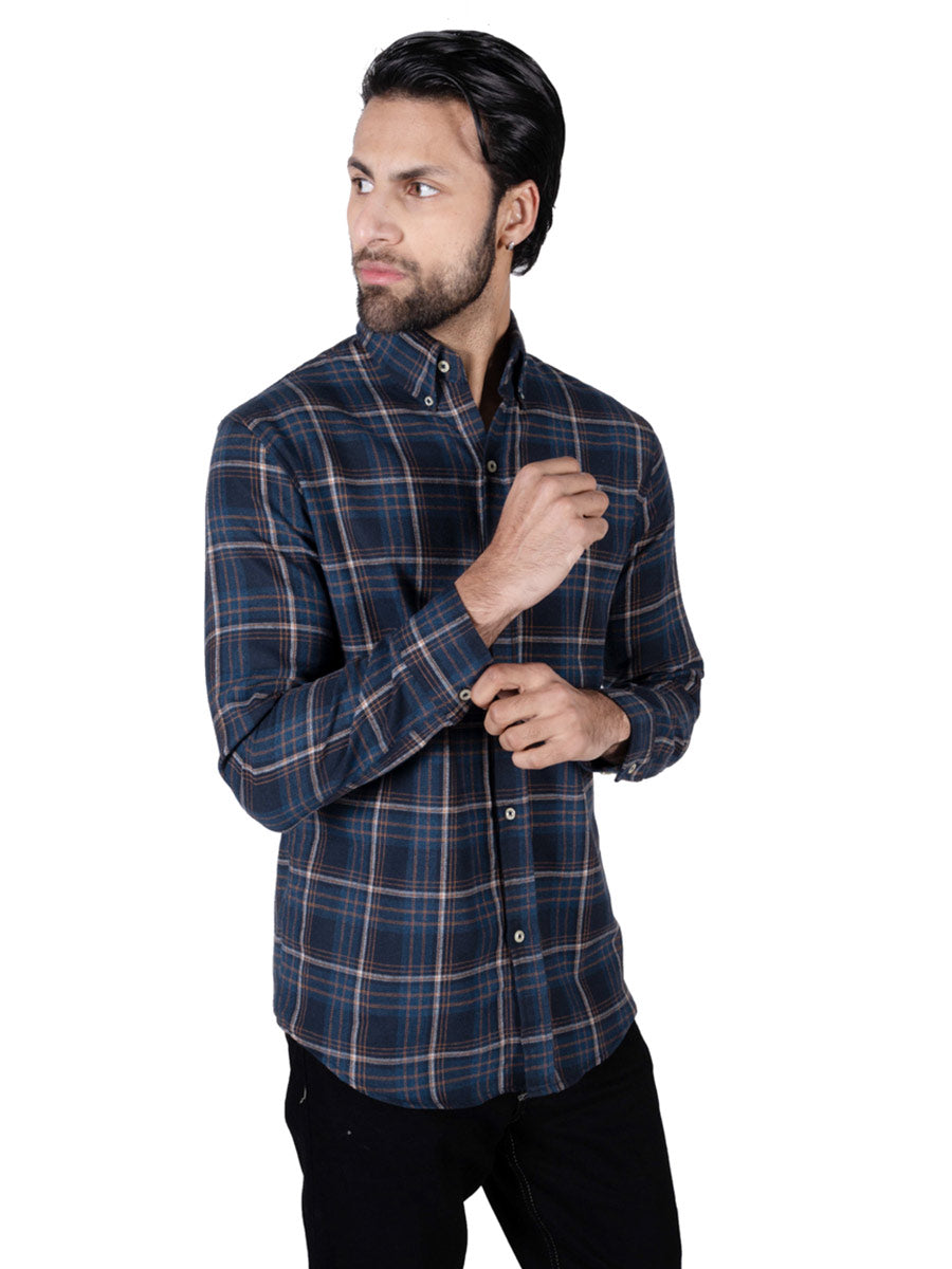 Men Blue Plaid Flannel Button Down Shirt