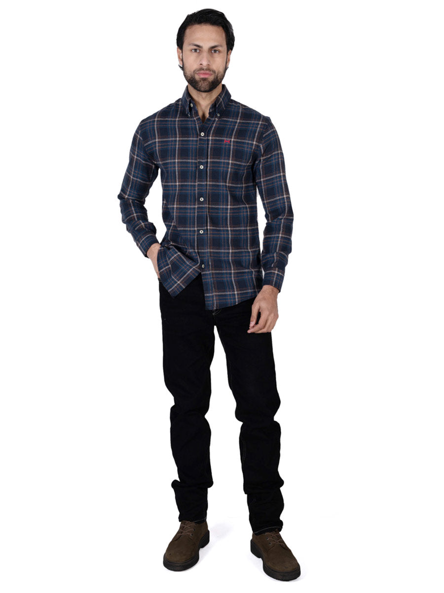 Men Blue Plaid Flannel Button Down Shirt