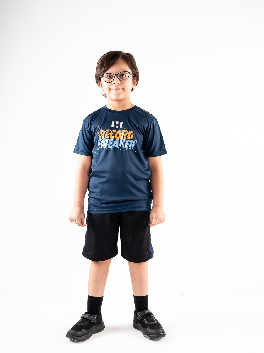 Kids Navy Blue Record Breaker Short Sleeve T-Shirt Crew Neck