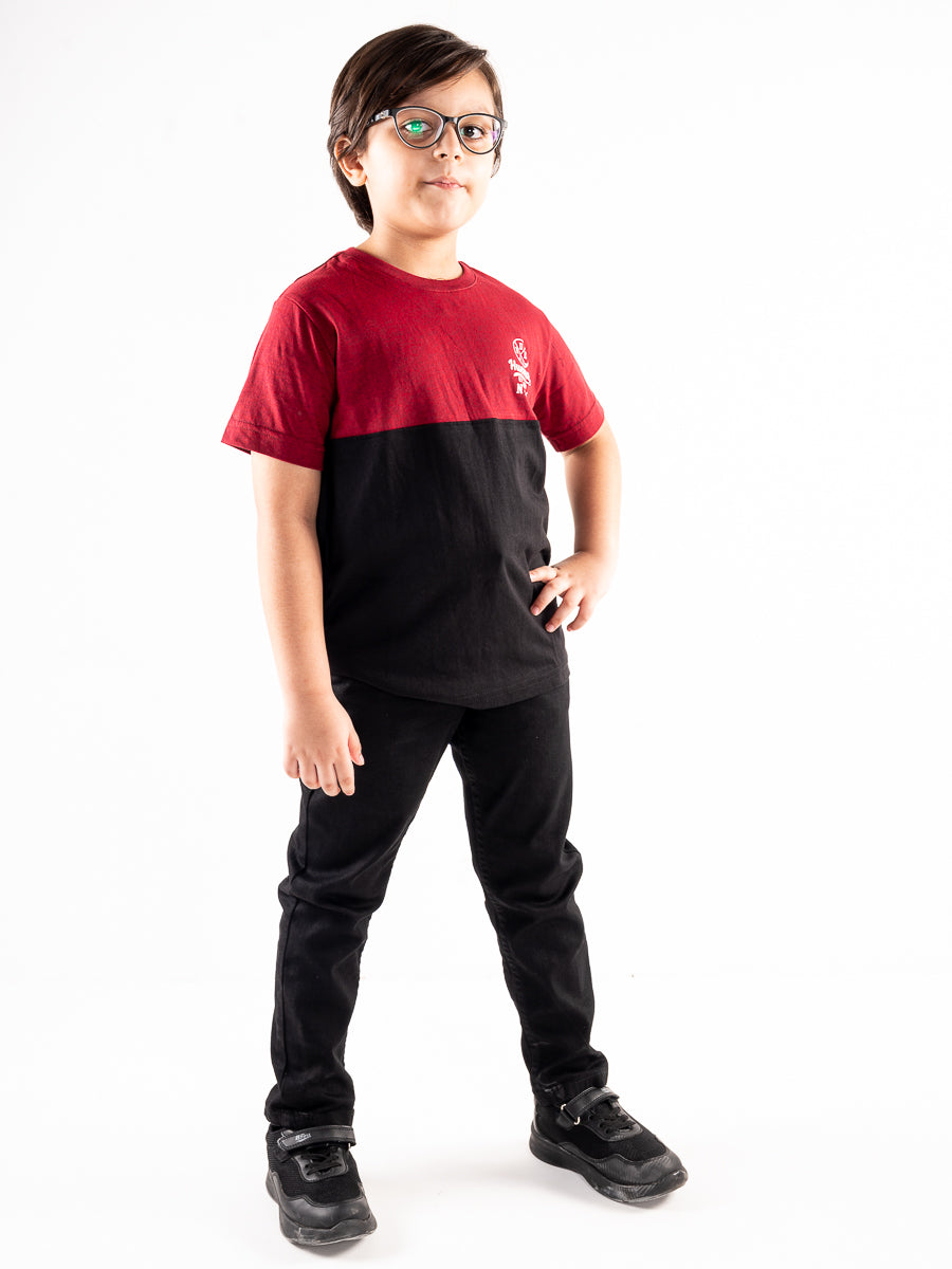 Kids Black & Burgundy Short Sleeve T-Shirt Crew Neck