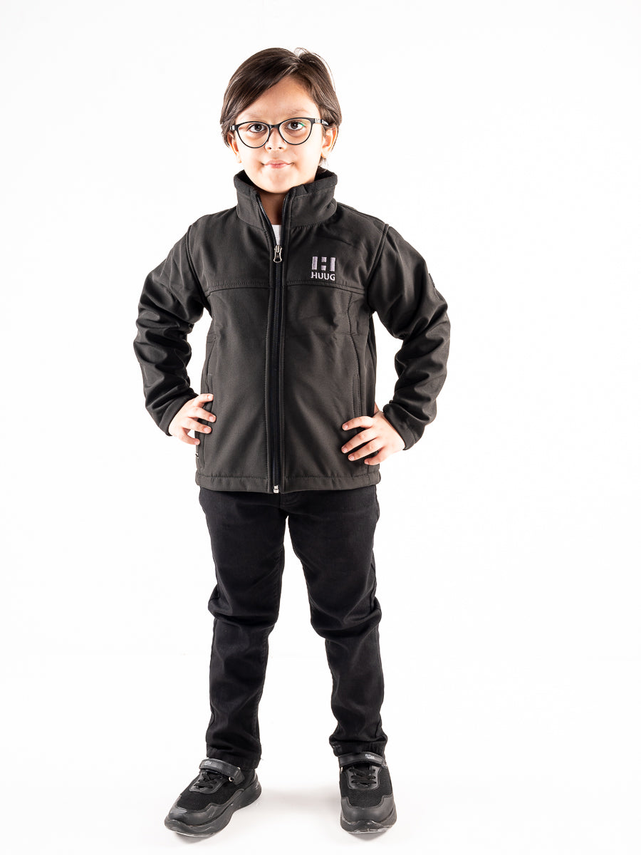 Black Stand Up Collar Soft Shell Kids Jacket