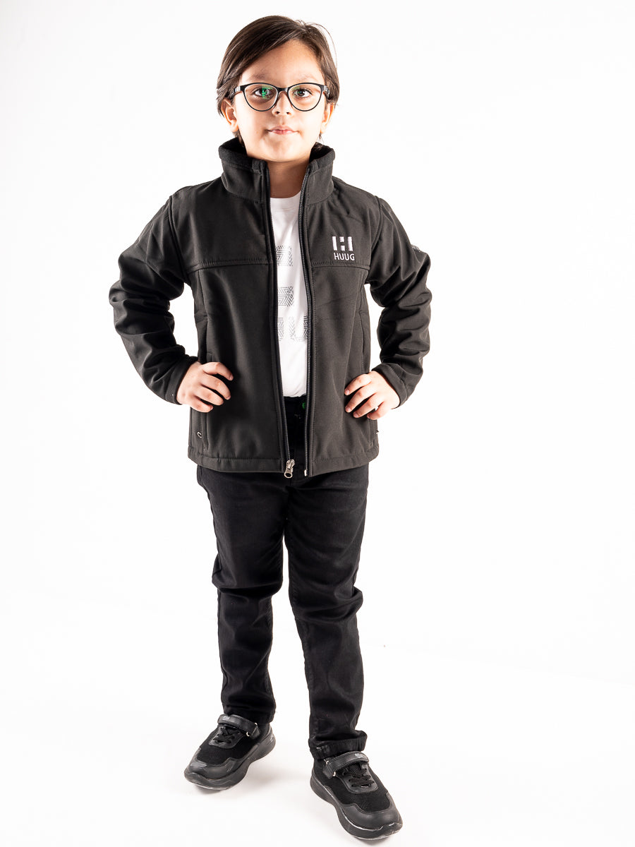 Black Stand Up Collar Soft Shell Kids Jacket