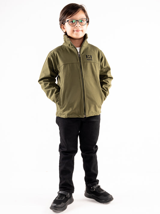 Olive Stand Up Collar Soft Shell Kids Jacket