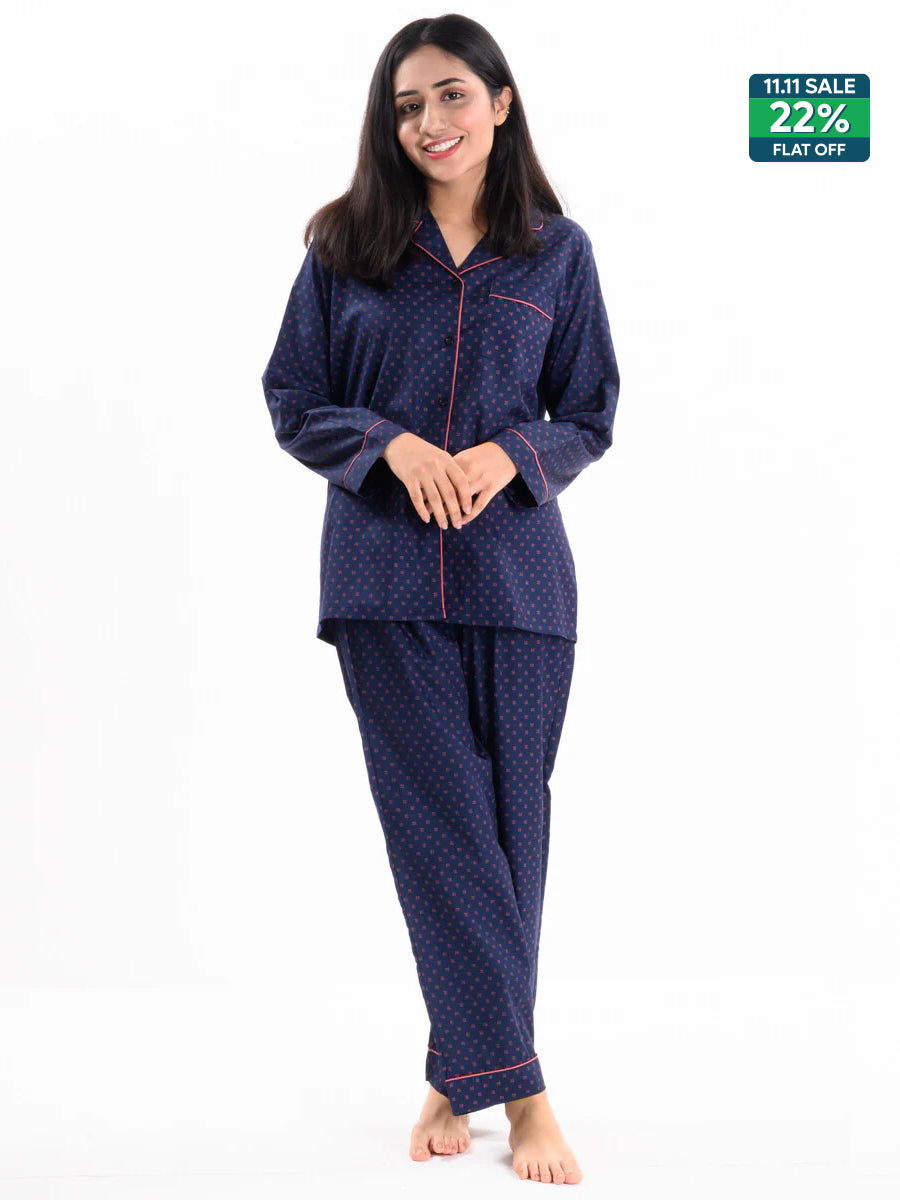Women Navy & Pink Printed Cotton Relaxed Sleeping Suit