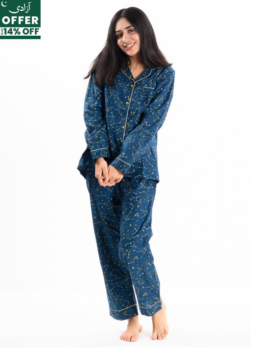 Blue & Yellow Cotton Relaxed Sleeping Suit