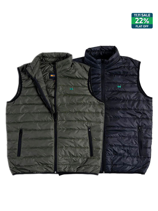 Men Black/Olive Quilted Short Body Slim-Fit Gilet Puffer Jackets - Pack of 2