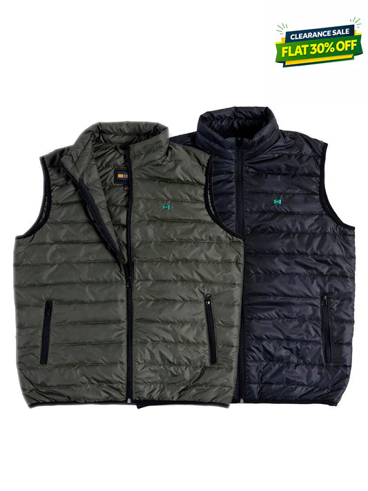 Men Black/Olive Quilted Short Body Slim-Fit Gilet Puffer Jackets - Pack of 2