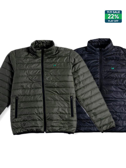 Men Black/Olive Short Body Slim-Fit Full-Sleeves Puffer Jackets - Pack of 2