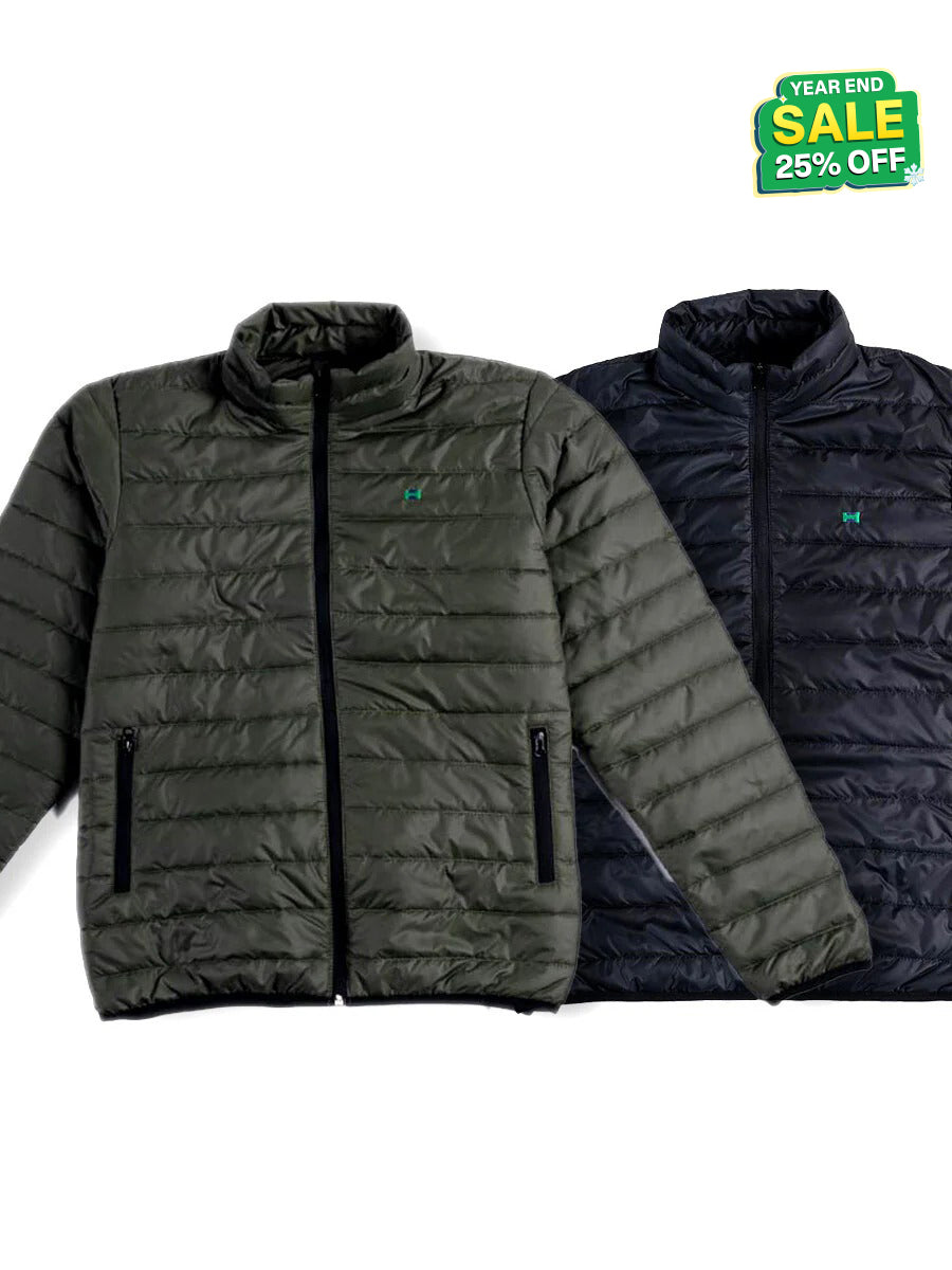 Men Black/Olive Short Body Slim-Fit Full-Sleeves Puffer Jackets - Pack of 2