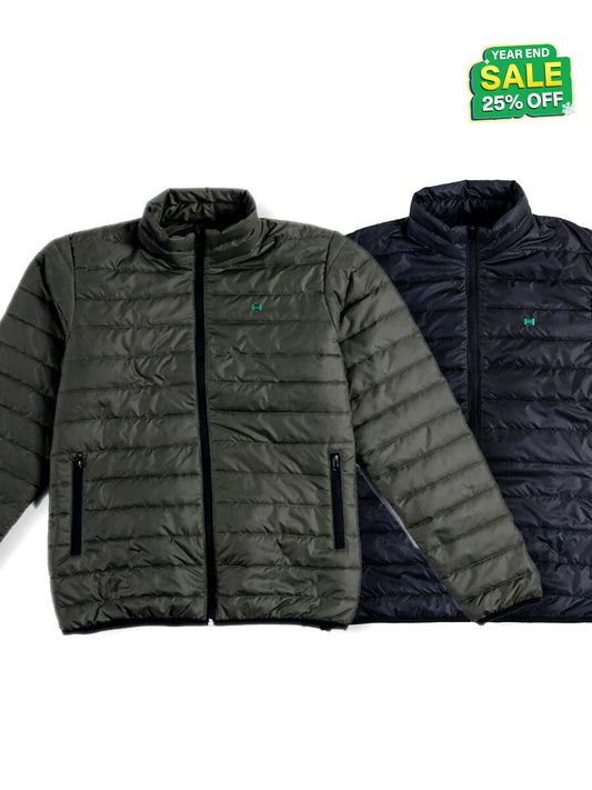 Men Black/Olive Short Body Slim-Fit Full-Sleeves Puffer Jackets - Pack of 2