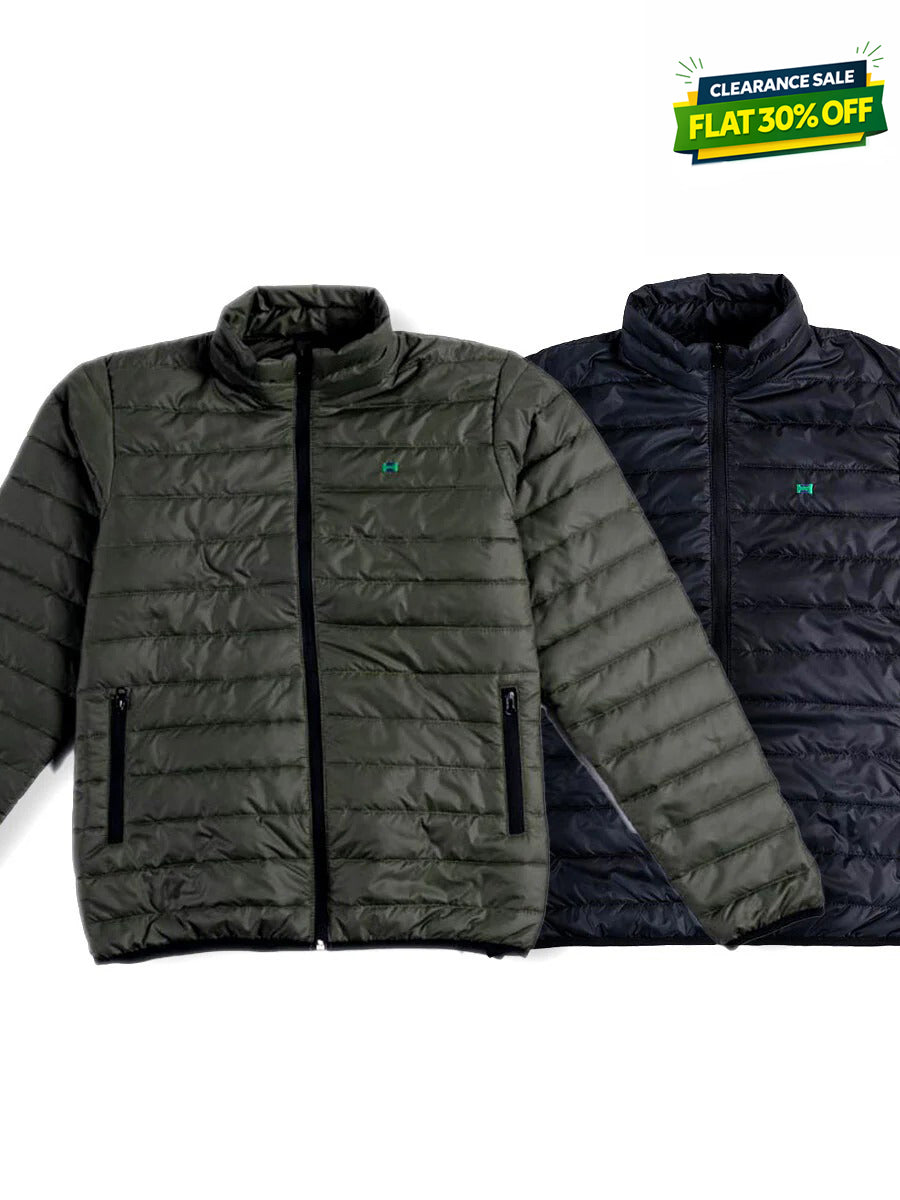 Men Black/Olive Short Body Slim-Fit Full-Sleeves Puffer Jackets - Pack of 2