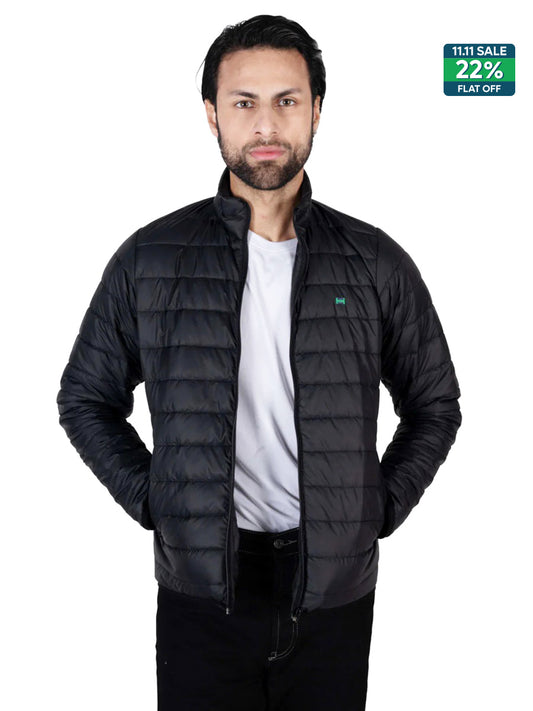 Men Black Short Body Slim-Fit Full-Sleeves Puffer Jacket