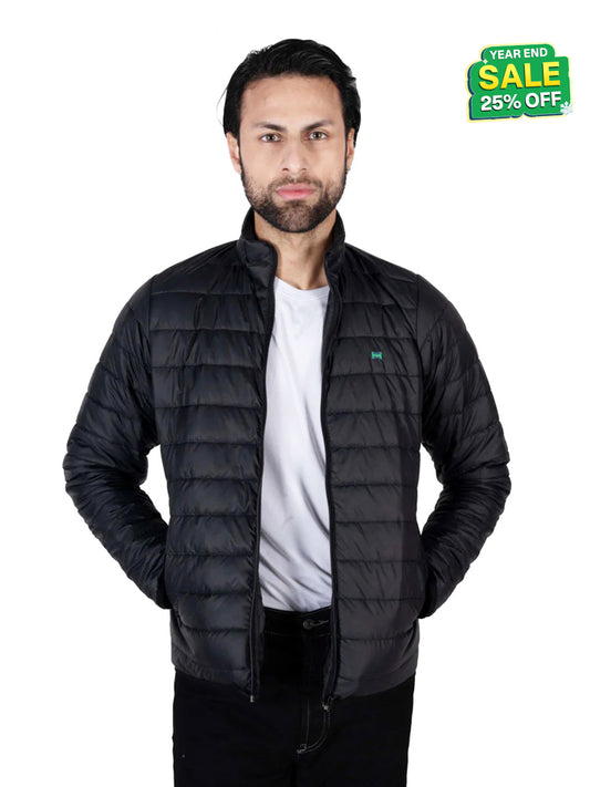 Men Black Short Body Slim-Fit Full-Sleeves Puffer Jacket