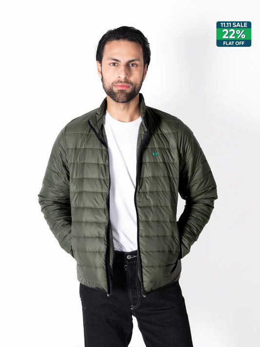 Men Olive Short Body Slim-Fit Full-Sleeves Puffer Jacket