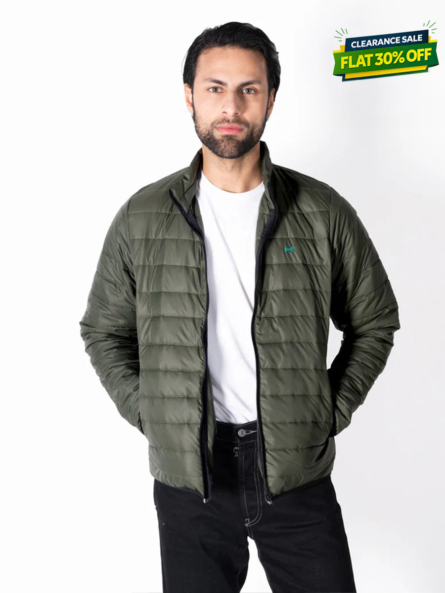 Men Olive Short Body Slim-Fit Full-Sleeves Puffer Jacket
