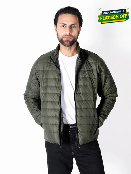 Men Olive Short Body Slim-Fit Full-Sleeves Puffer Jacket