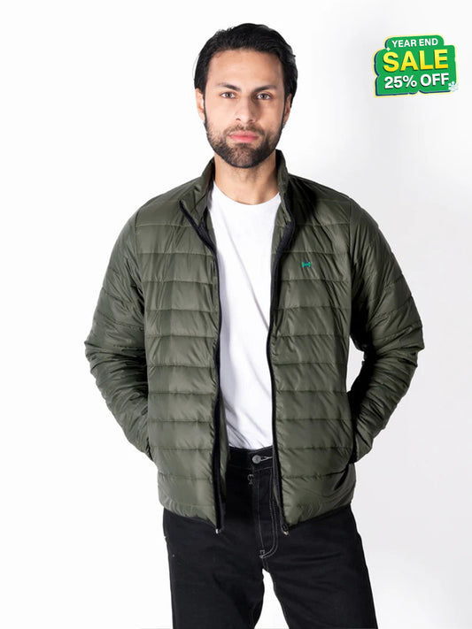 Men Olive Short Body Slim-Fit Full-Sleeves Puffer Jacket