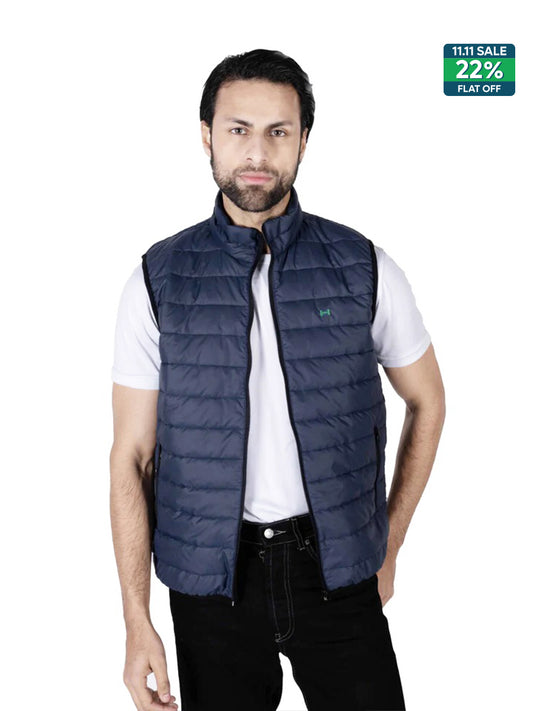 Men Navy Blue Quilted Short Body Slim-Fit Gilet Puffer Jacket