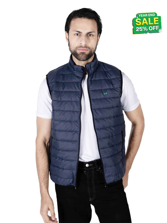 Men Navy Blue Quilted Short Body Slim-Fit Gilet Puffer Jacket