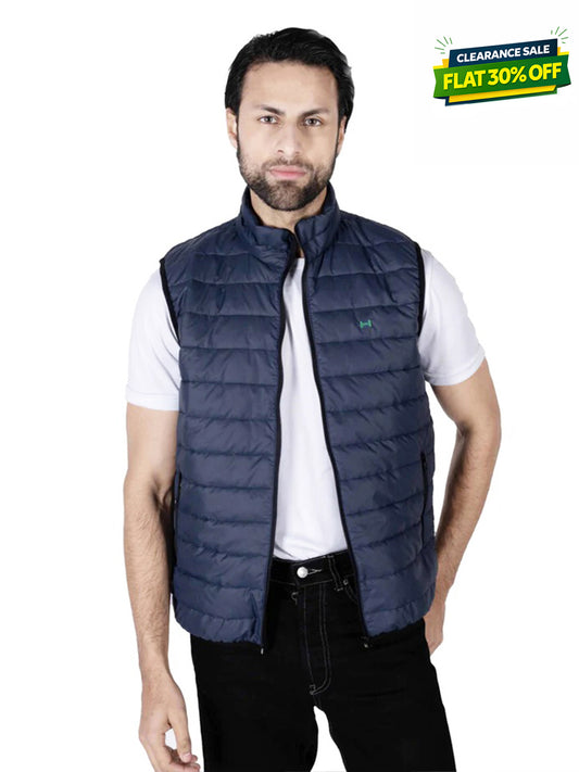Men Navy Blue Quilted Short Body Slim-Fit Gilet Puffer Jacket