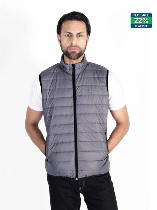 Men Grey Quilted Short Body Slim-Fit Gilet Puffer Jacket