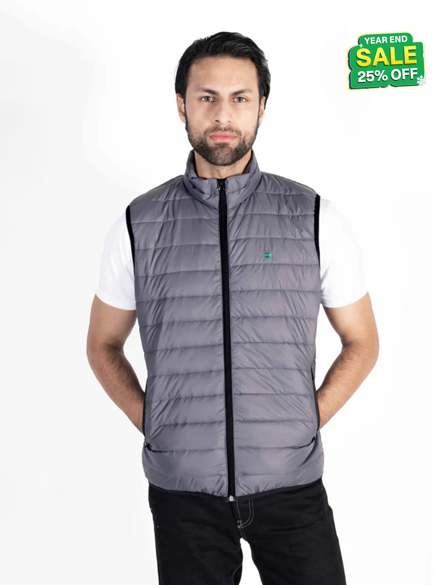 Men Grey Quilted Short Body Slim-Fit Gilet Puffer Jacket