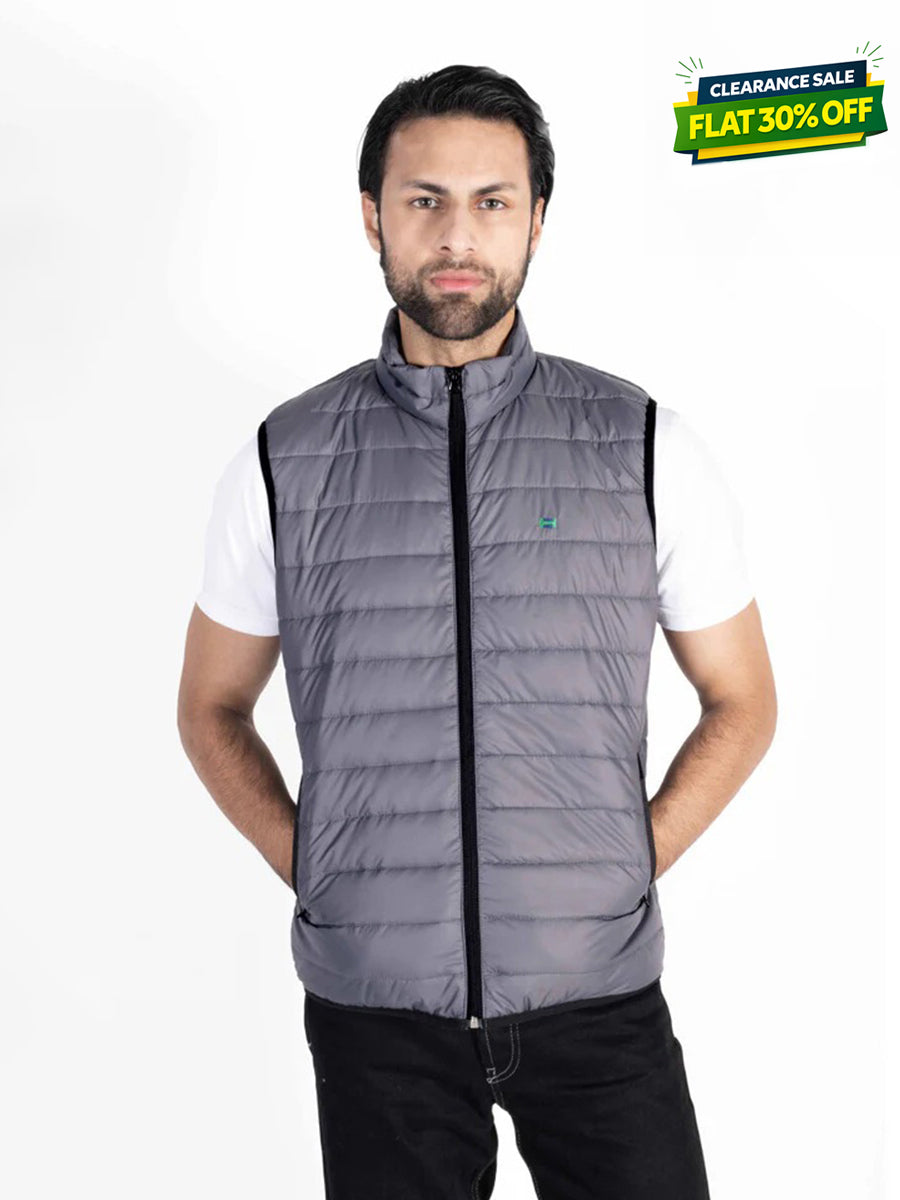 Men Grey Quilted Short Body Slim-Fit Gilet Puffer Jacket