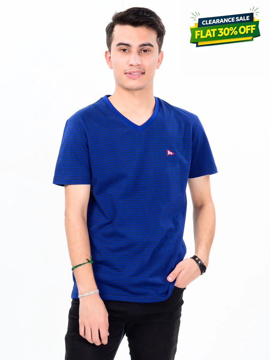Men Blue & Black Cotton V-Neck Tee Shirt