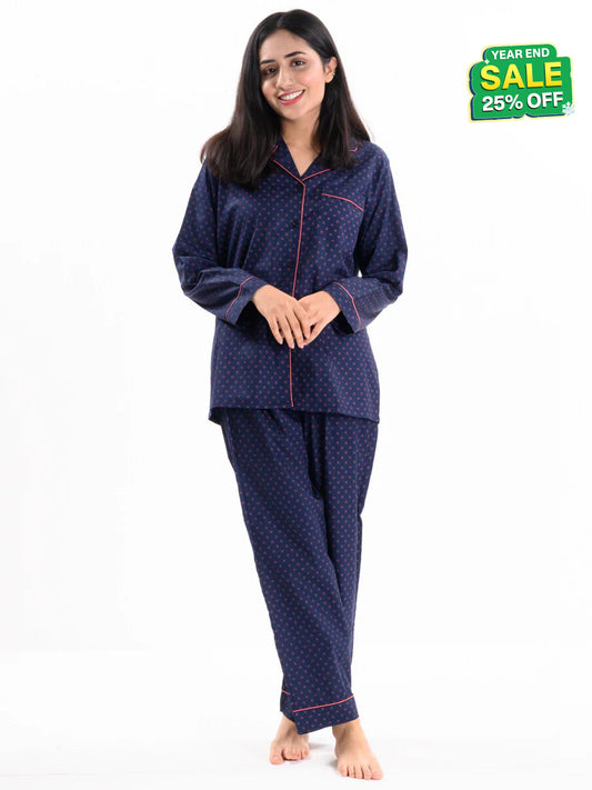 Women Navy & Pink Printed Cotton Relaxed Sleeping Suit