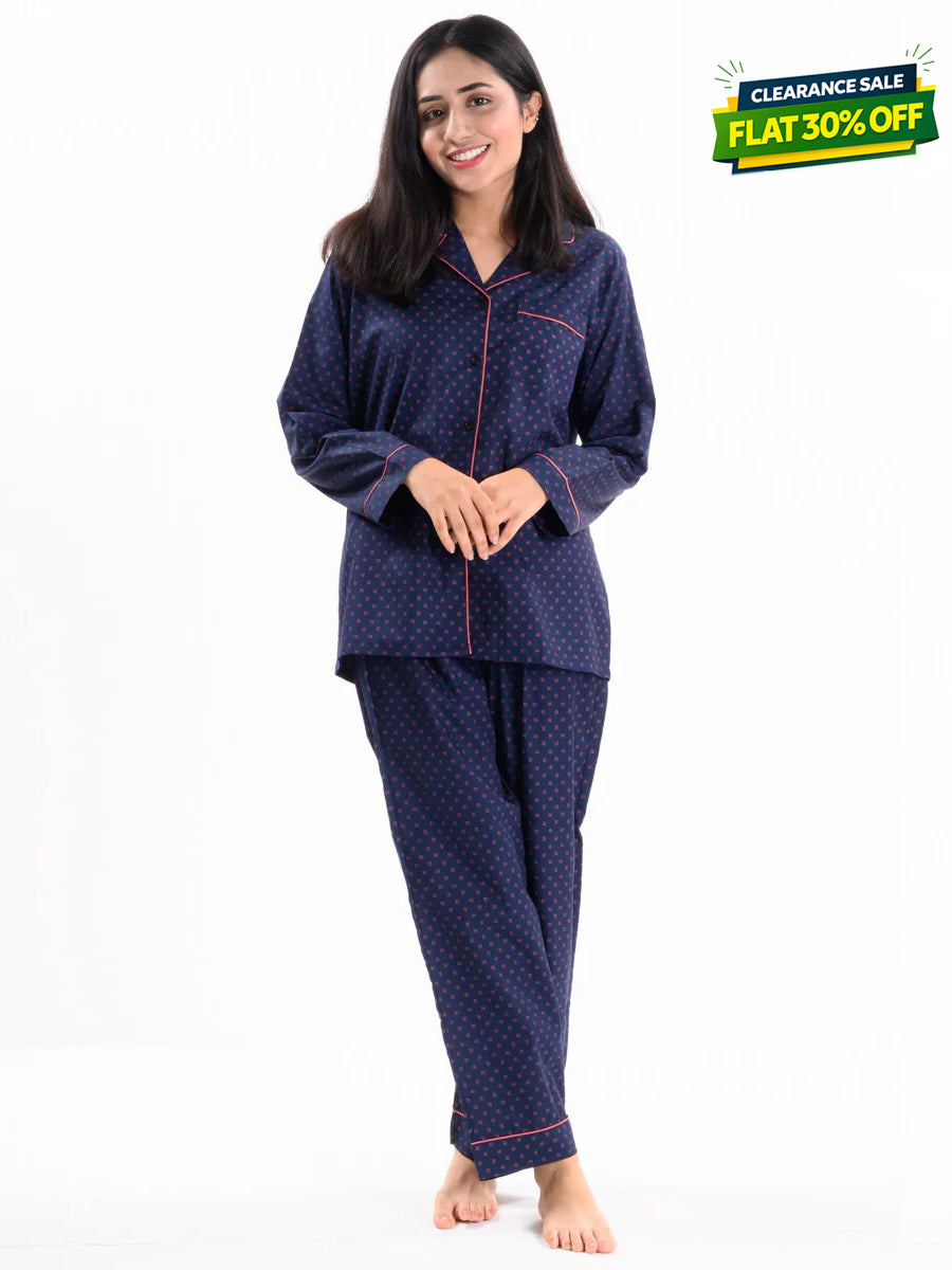 Women Navy & Pink Printed Cotton Relaxed Sleeping Suit