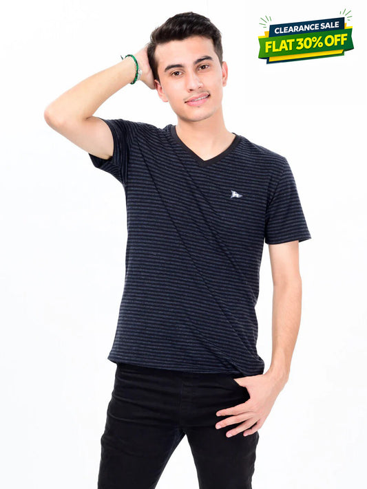 Men Black & White Cotton V-Neck Tee Shirt