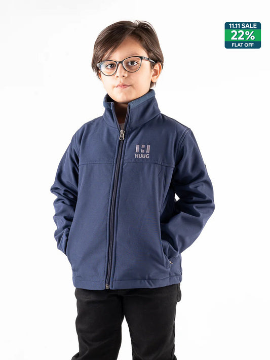 Navy Blue Stand Up Collar Soft Shell Kids Jacket