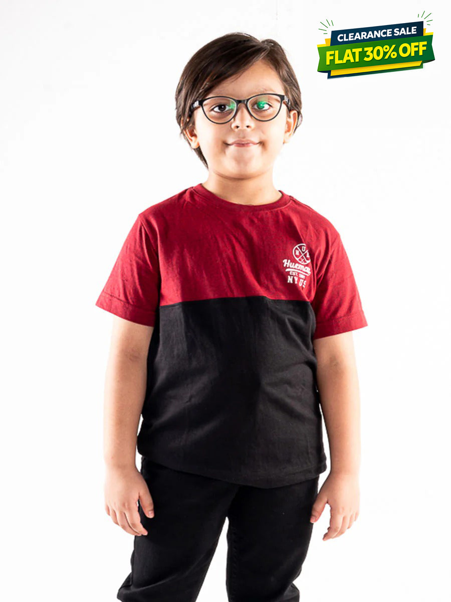 Kids Black & Burgundy Short Sleeve T-Shirt Crew Neck