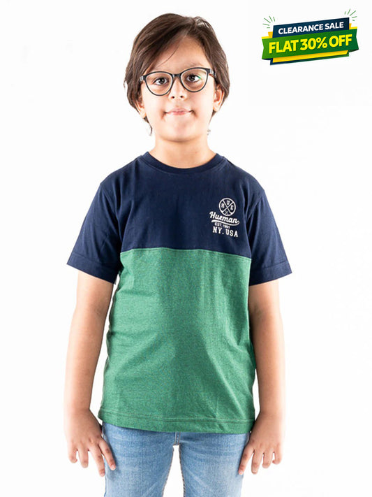 Kids Green & Navy Blue Short Sleeve T-Shirt Crew Neck