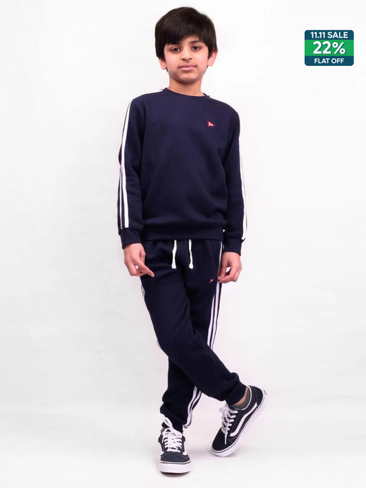 Kids Navy Blue Stripe Fleece Crew Sweatsuit