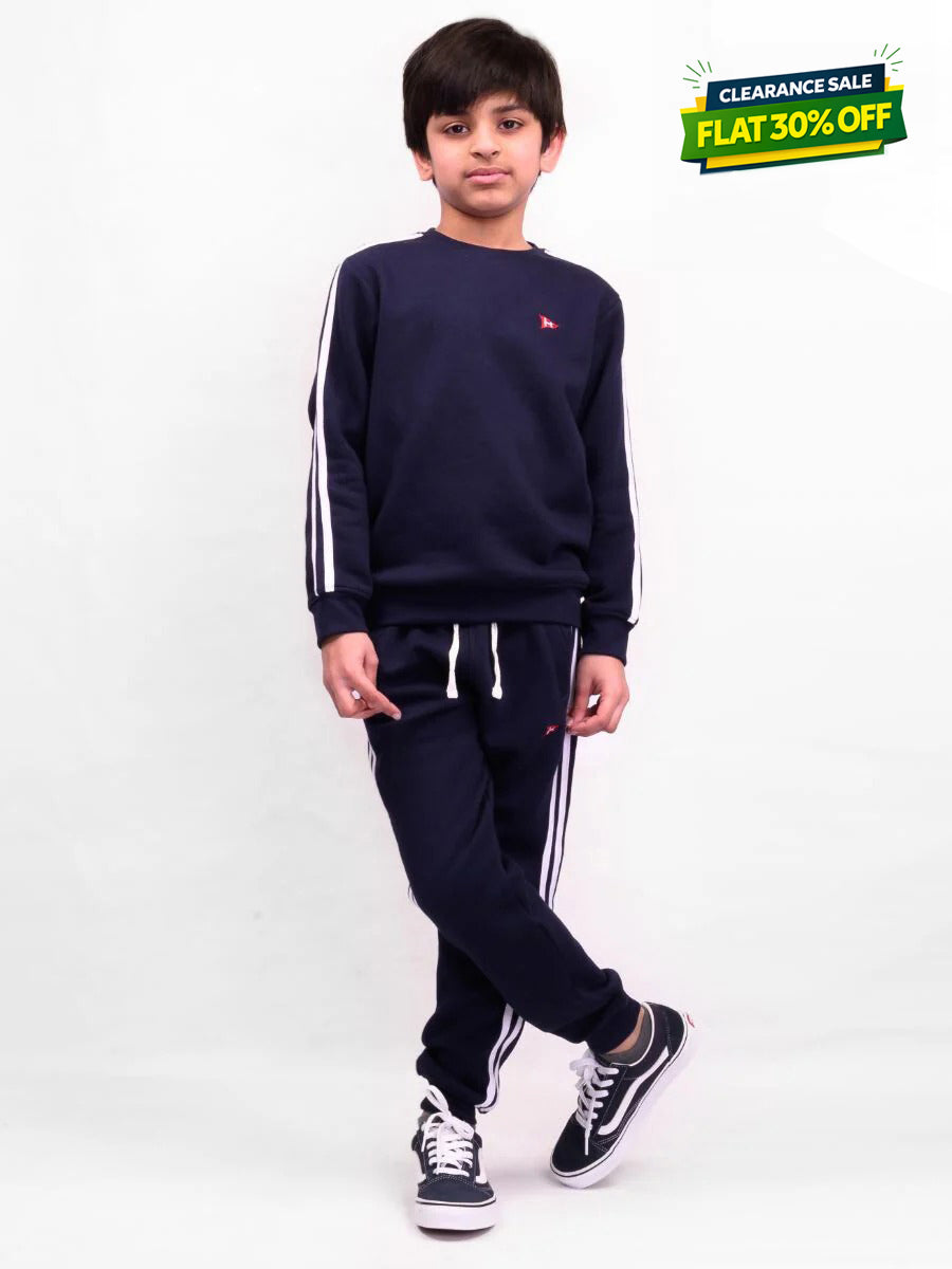 Kids Navy Blue Stripe Fleece Crew Sweatsuit