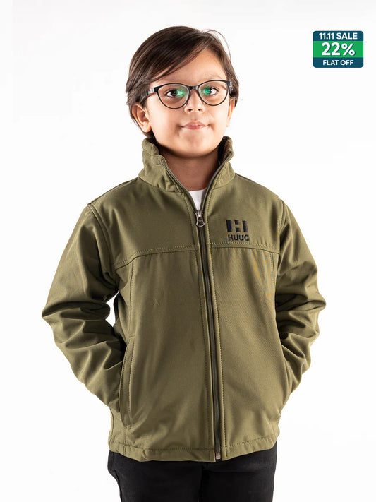 Olive Stand Up Collar Soft Shell Kids Jacket